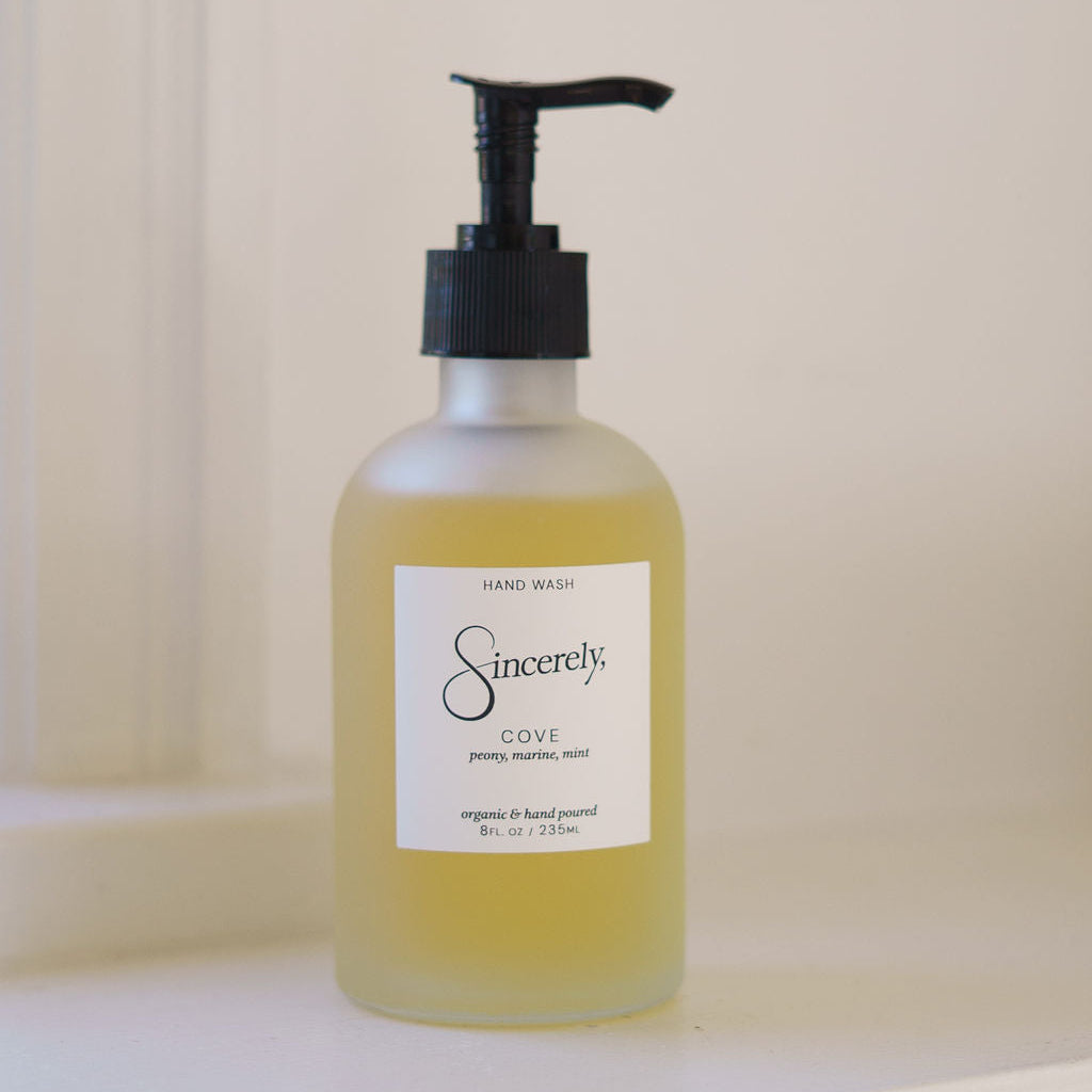 Bottle of hand wash labeled 'Sincerely' on a light background