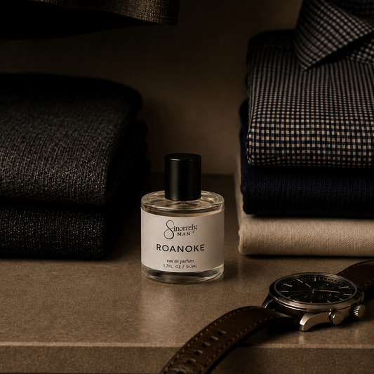 Perfume bottle labeled 'Roanoke' with folded clothes and a watch on a wooden surface.