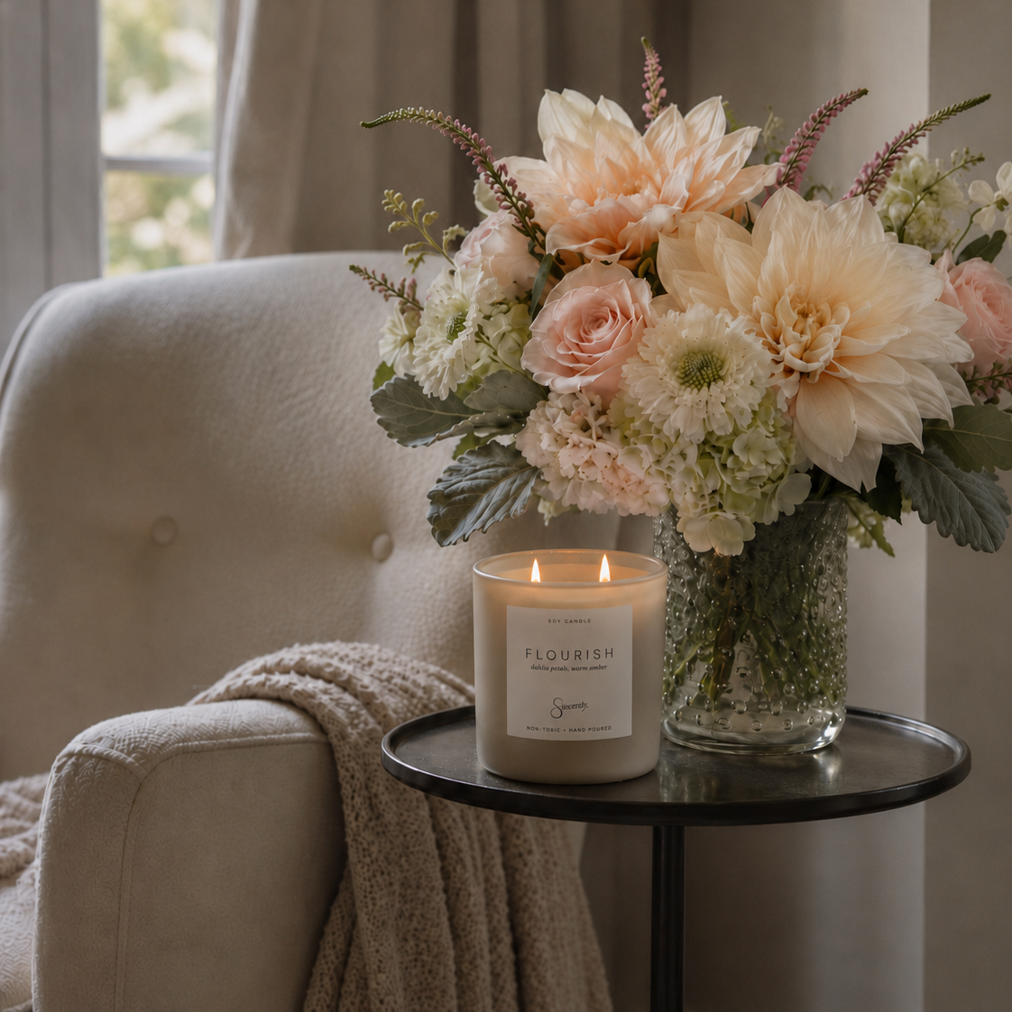 A lit scented candle labeled 'Flourish' sits on a small black side table next to a vibrant floral arrangement in a glass vase, set in a cozy living room next to a cream tufted armchair.