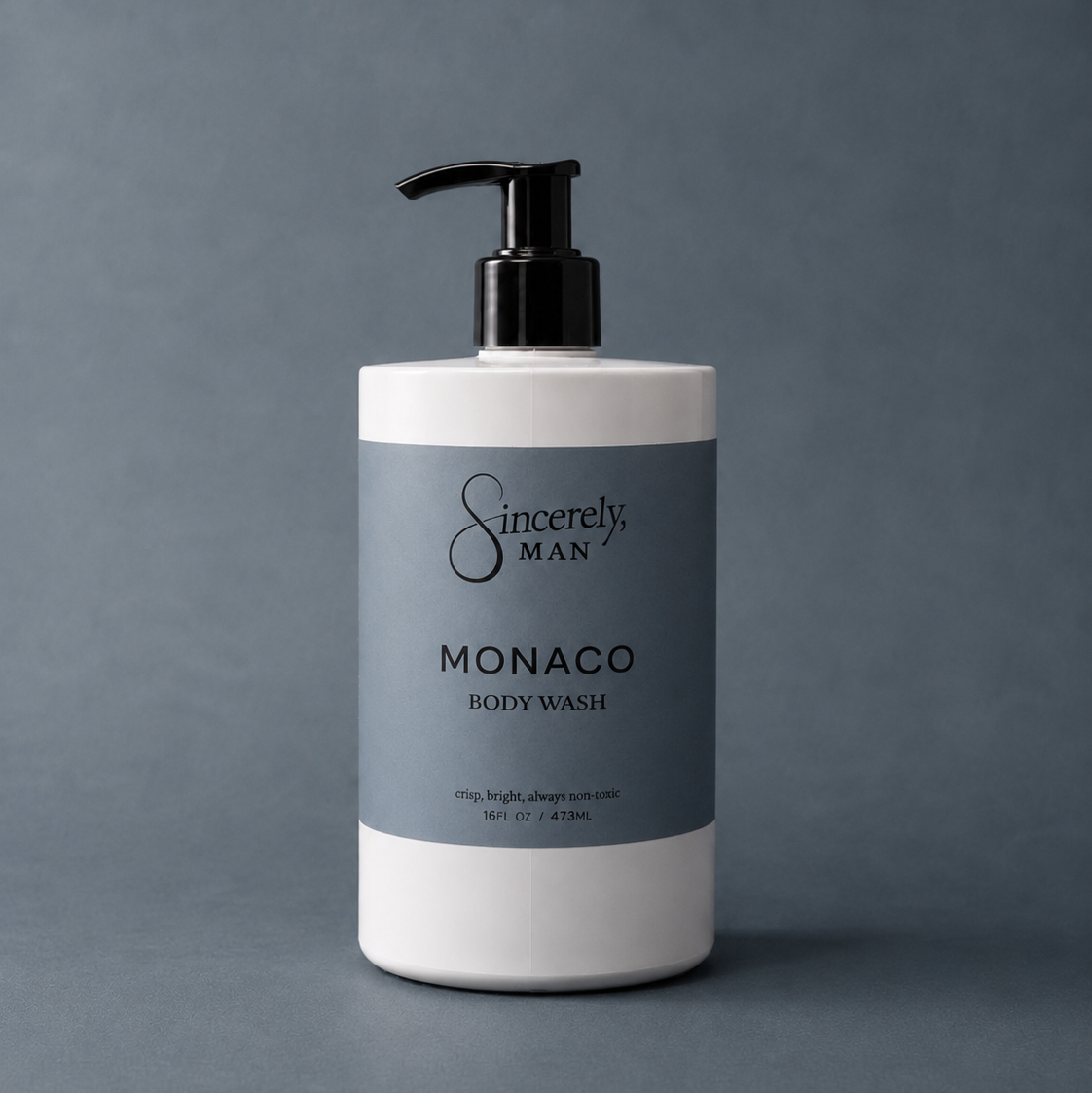 Bottle of Monaco body wash by Sincerely, Man on a gray background