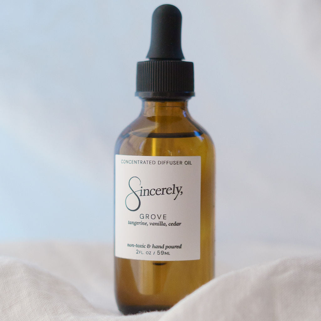 Bottle of 'Sincerely' concentrated diffuser oil on a light background