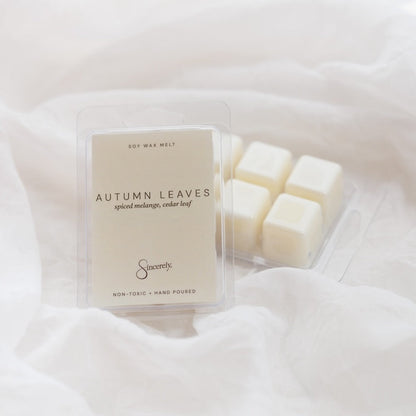A clear clamshell package labeled 'Autumn Leaves' soy wax melt sits on soft white fabric, with several off-white wax cubes visible inside a clear tray behind it.