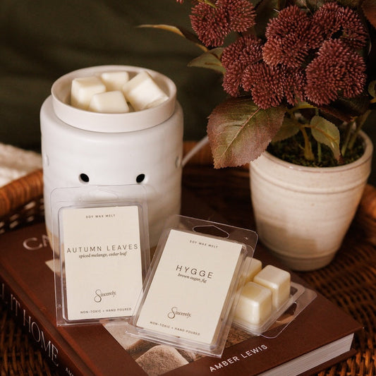 A styled product arrangement featuring a white ceramic candle jar and two wax melt packages labeled Autumn Leaves and Hygge, placed on a brown book in a wicker tray with a potted plant in the background.