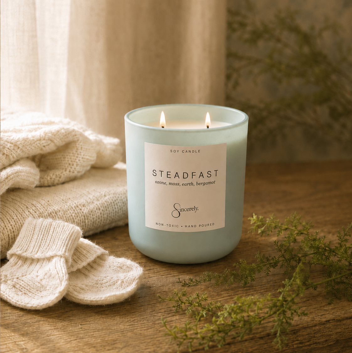 A lit candle in a frosted pale blue glass jar sits on a wooden surface beside a folded cream knit blanket and small knit booties, with soft neutral curtains and dried greenery in the background.